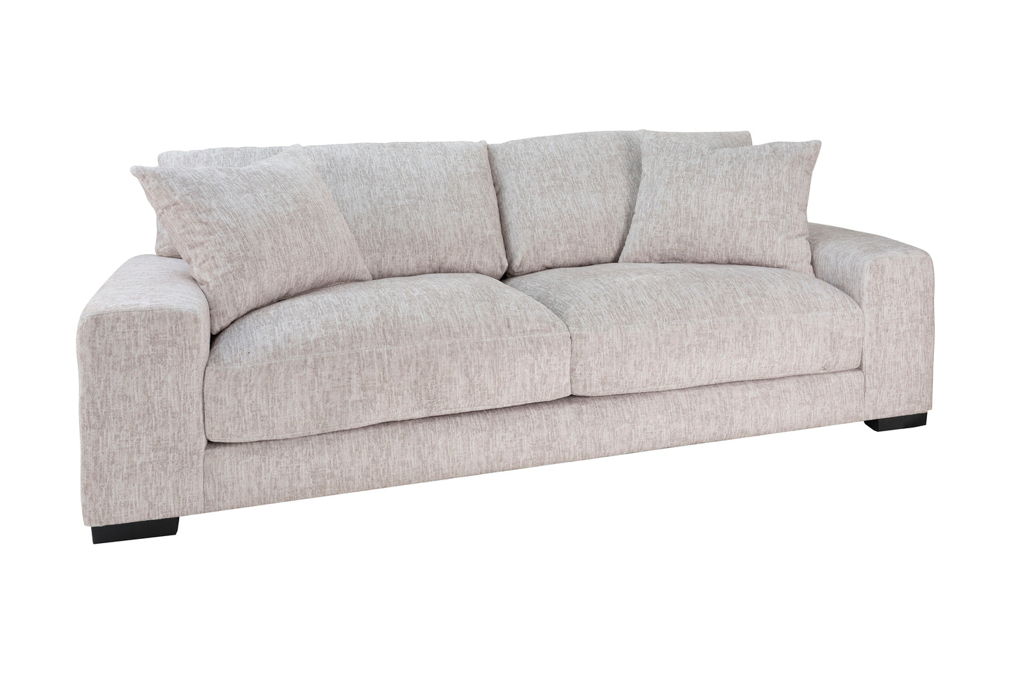 A beige textured microfiber sofa with a contemporary design, including a wide seat and backrest, with visible cushions, on a white background.